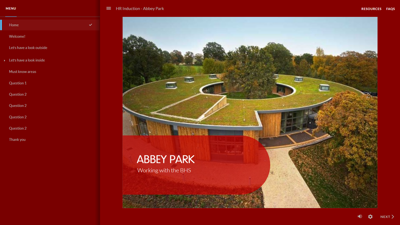Screenshot from the HR Induction eLearning module featuring the iconic, doughnut shaped British Horse Society headquarters.