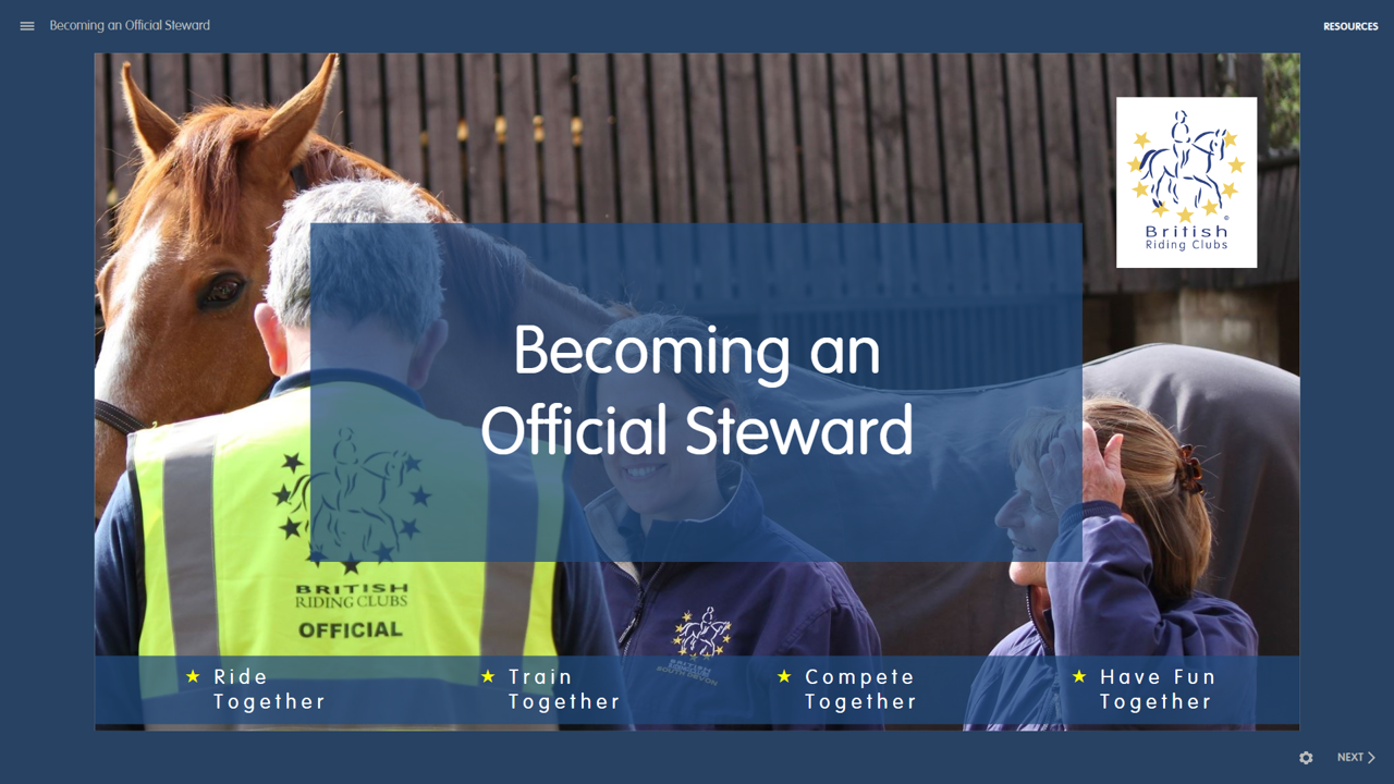 Screenshot from the Becoming an Official Steward eLearning module featuring a steward in a high-visibility vest assisting at a horse riding event.