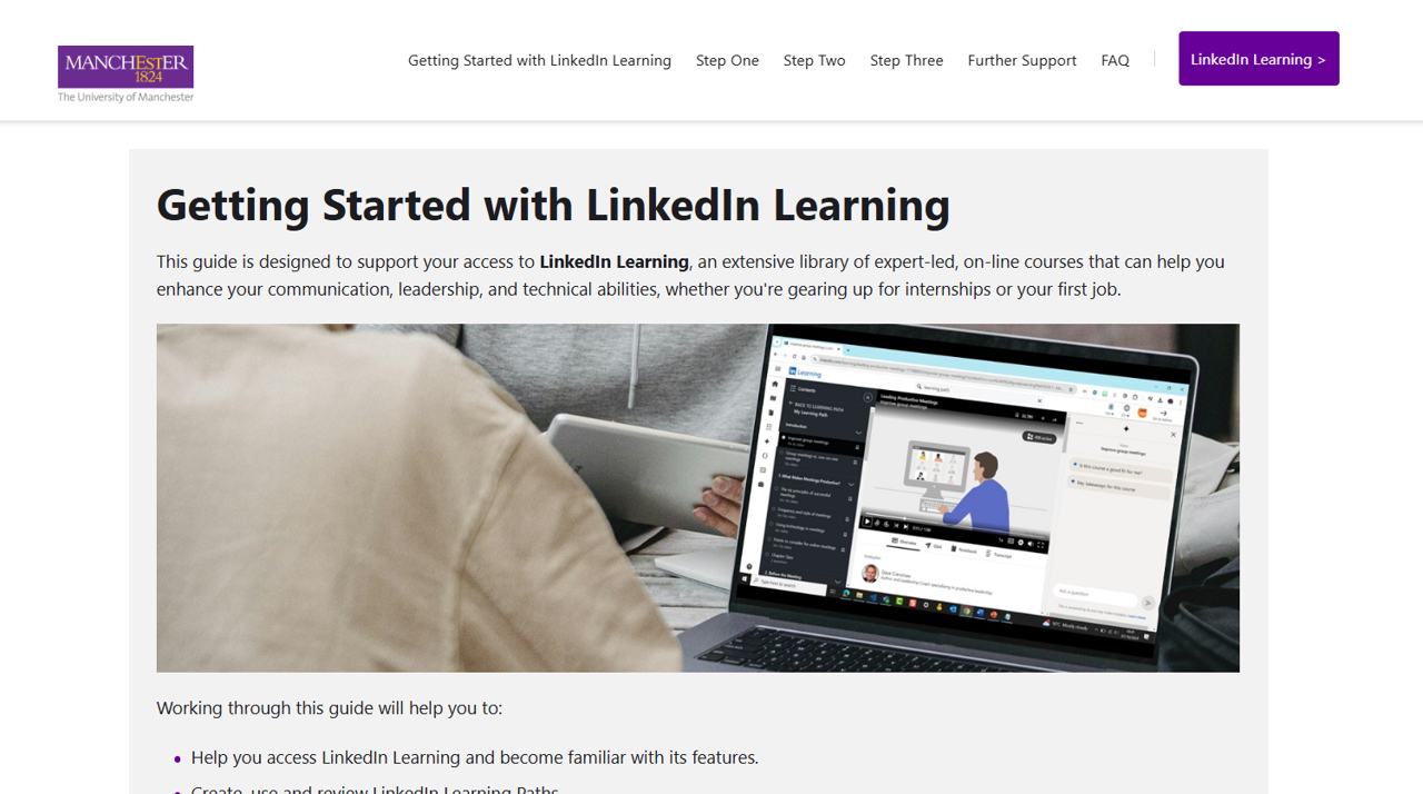 University of Manchester web page titled Getting Started with LinkedIn Learning.