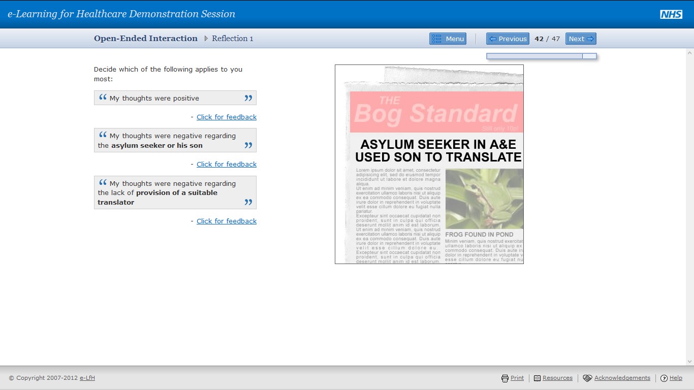 Reflection screen with three selectable statements and newspaper-style scenario image.