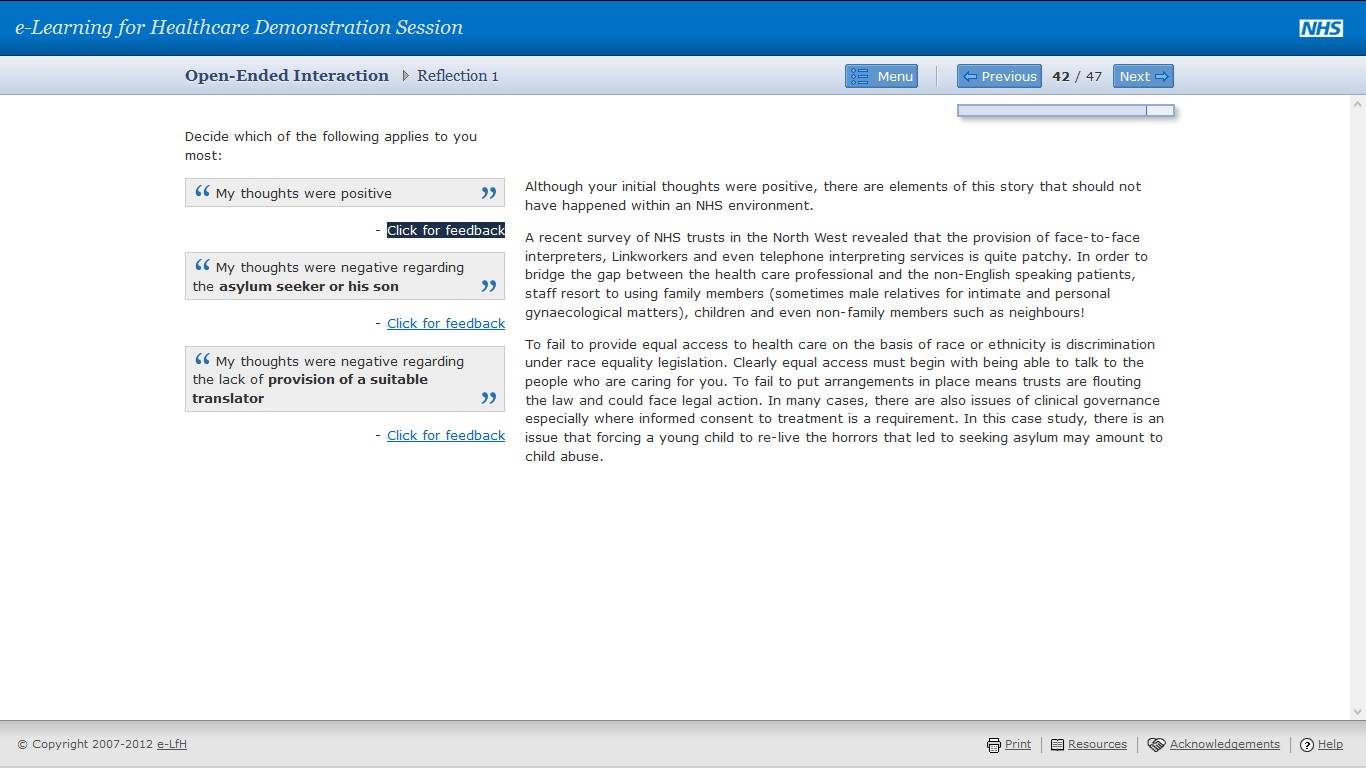 Feedback panel discussing interpreter provision, equality legislation and clinical governance considerations.