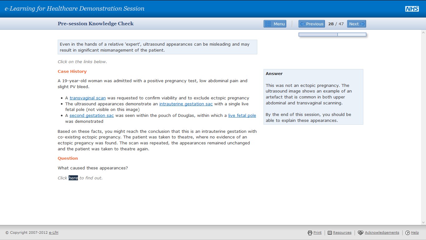 Pre-session knowledge check screen with case history question and answer panel; navigation buttons visible.