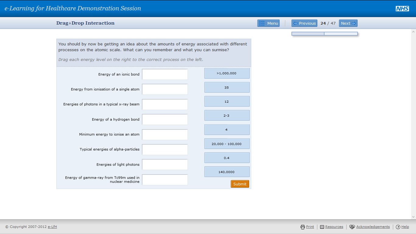 Drag and drop matching screen with two-column layout and numeric draggable values.