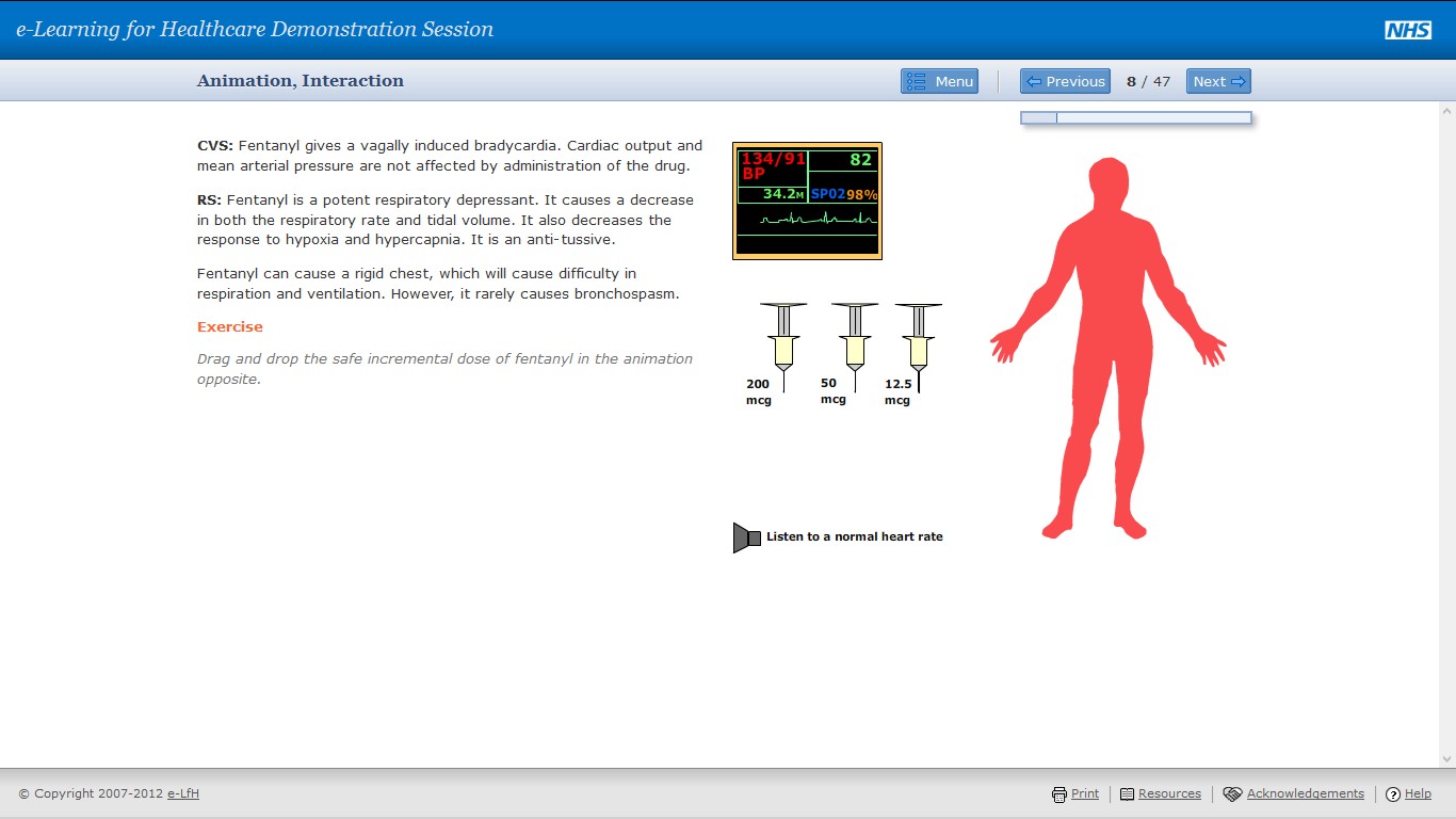 Animation interaction showing fentanyl dosage options, patient silhouette, heart monitor graphic and audio icon.