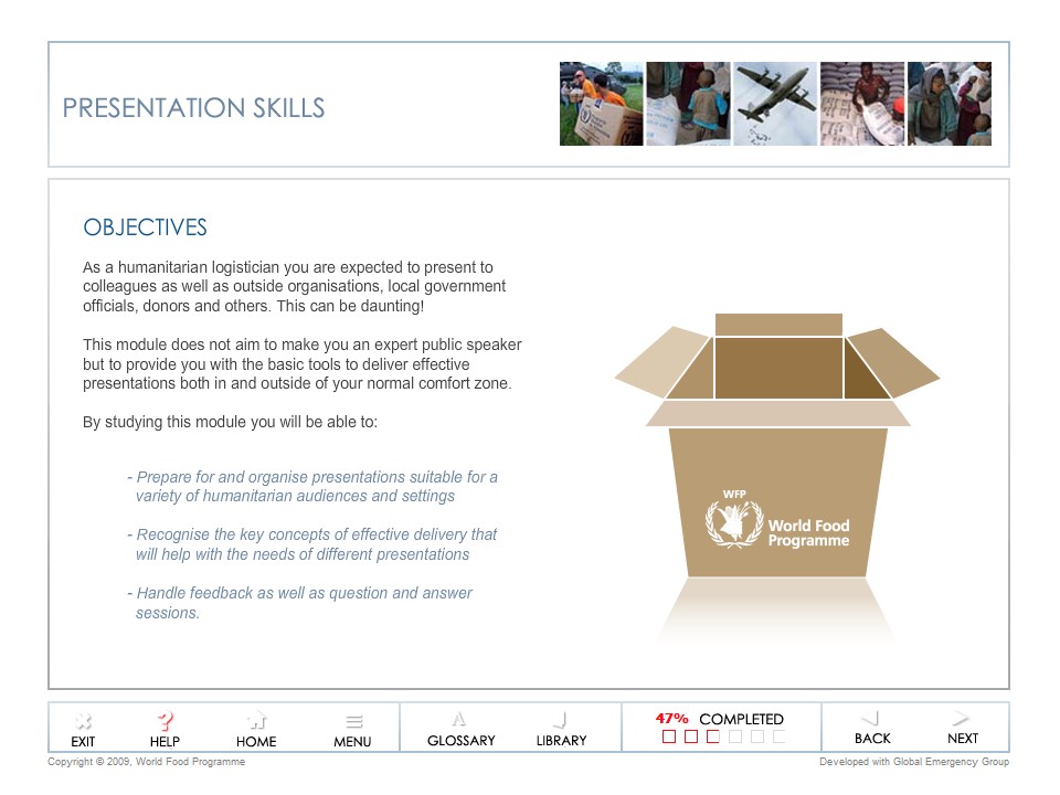 Slide titled Objectives outlining learning goals for humanitarian logistics staff presenting to donors and stakeholders.
