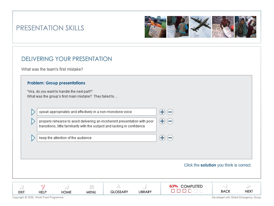 Slide asking learners to identify the group’s first mistake from three selectable options about delivery and rehearsal.