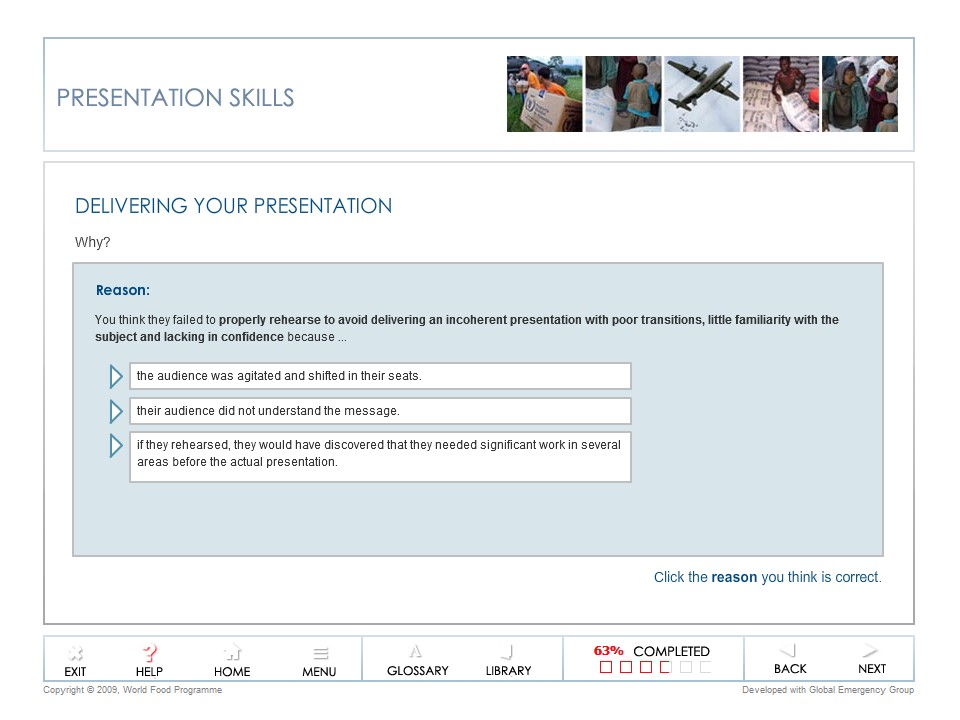 Slide asking learners to select the reason why rehearsal failure caused presentation breakdown.