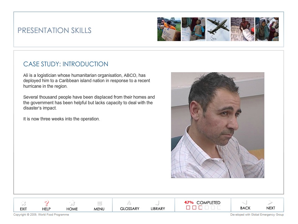 Slide introducing Ali, a logistics officer deployed after a hurricane, as the case study character.