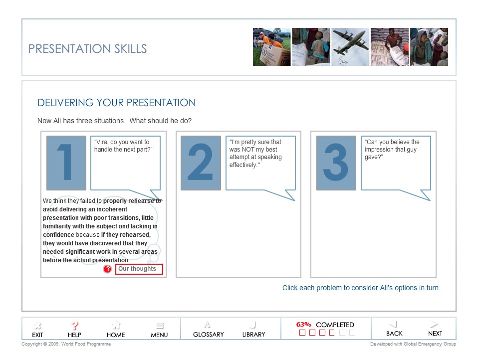 Slide revisiting the three presentation scenarios for final reflection and application of learning.