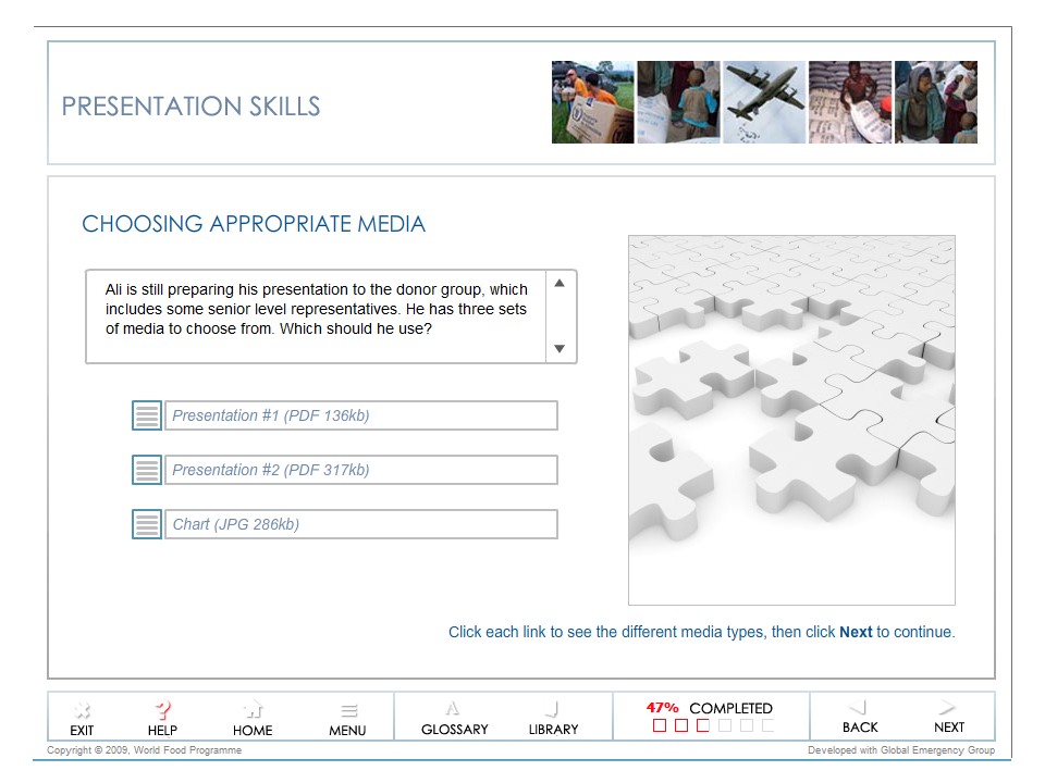 Slide presenting scenario where Ali must choose between two PDF presentations or a chart image for a donor briefing.