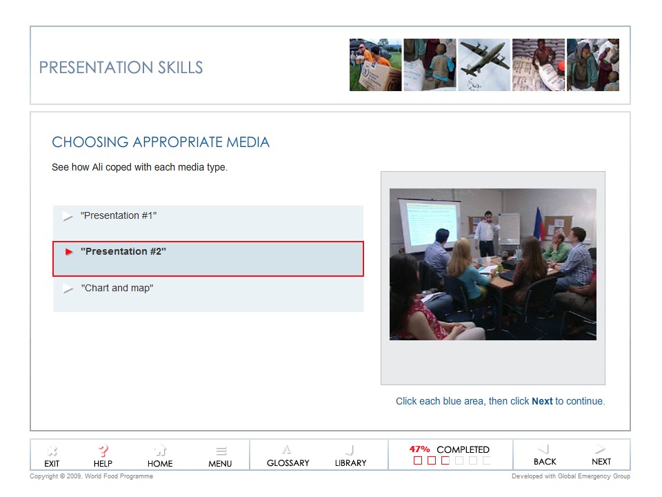 Slide showing expandable options labelled Presentation 1, Presentation 2 and Chart and Map alongside an image of a meeting setting.