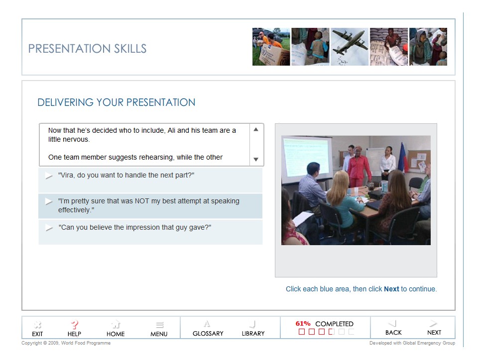 Slide introducing team anxiety before a presentation with dialogue options and image of a small meeting room.